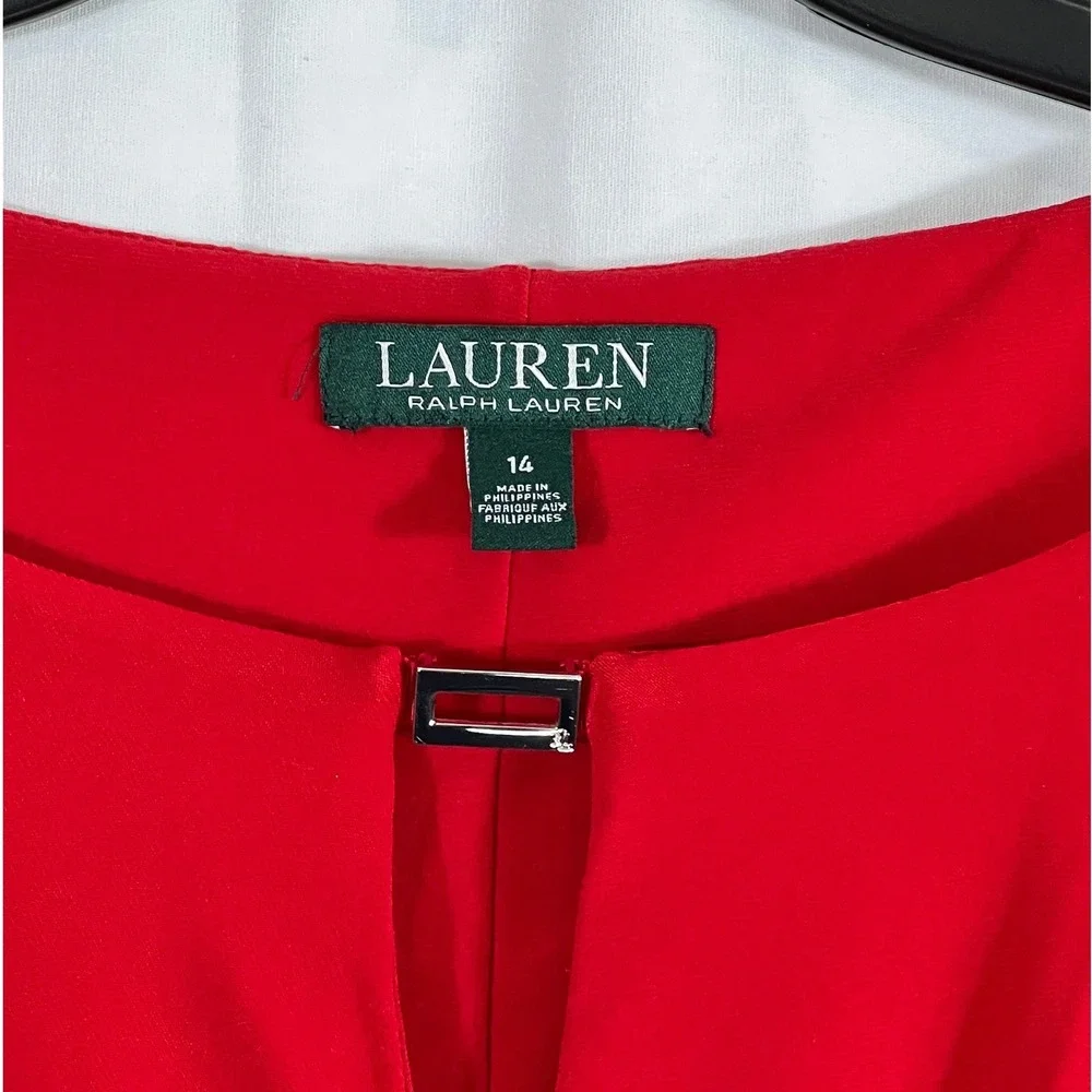 Lauren Ralph Lauren Women Red Ruched Faux Wrap Sheath Dress Sz 14 V Neck Stretch